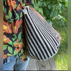 Salt, The Margarita Bag, Black & Bone Stripe w/leather French Braid top handle